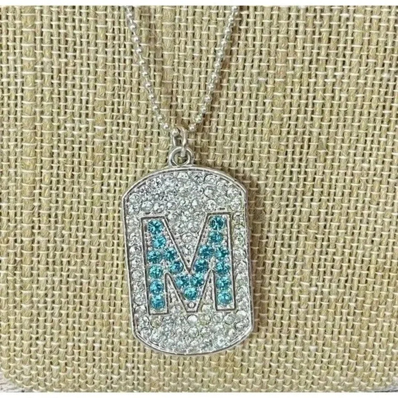 Silver Tone Rhinestone Dog Tag “M” Initial Pendant Necklace 18-20” - Picture 1 of 6
